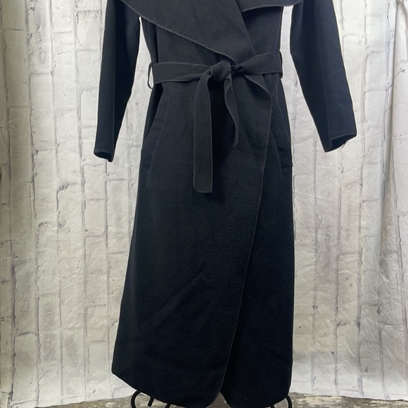 Made in France Black Felt Trench Coat Wide Collar Open Front Belted with Pockets - Picture 2 of 12